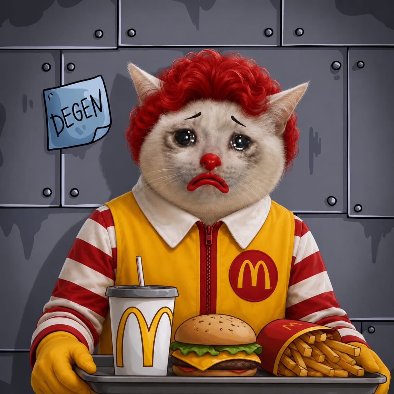 Sad cat with a tray of lunch